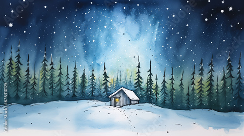 Winter landscape with village cabin and fir trees in snow in watercolor style. Holiday digital watercolor illustration for design on Christmas and New Year card, poster or banner