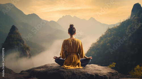 Meditation, landscape and woman sitting on mountain top for mindfulness and spirituality. Peaceful, stress free and focus in nature with view, for mental health, zen and meditating practise photo