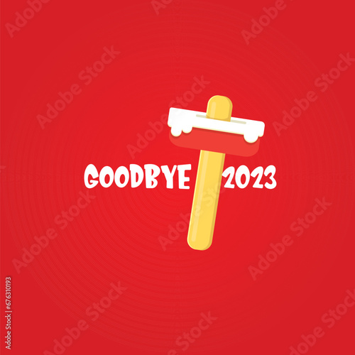 vector goodbye 2023 hello 2024 year vector concept illustration with melt ice cream isolated on red background. End of the 2023 year background or poster photo