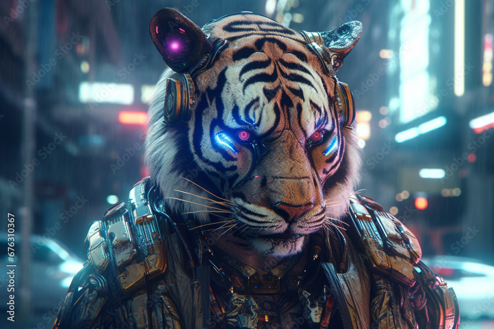 Witness the fusion of raw power and cyber elegance in this cyberpunk inspired illustration featuring a majestic tiger. Ai generated Witness the fusion of raw power and cyber elegance in this cyberpunk inspired illustration featuring a majestic tiger. Ai generated