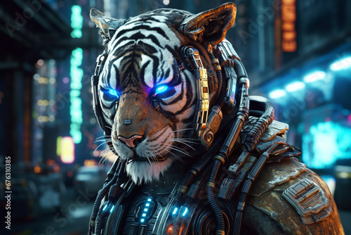 Witness the fusion of raw power and cyber elegance in this cyberpunk inspired illustration featuring a majestic tiger. Ai generated © dragomirescu