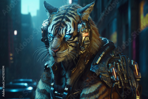 Witness the fusion of raw power and cyber elegance in this cyberpunk inspired illustration featuring a majestic tiger. Ai generated