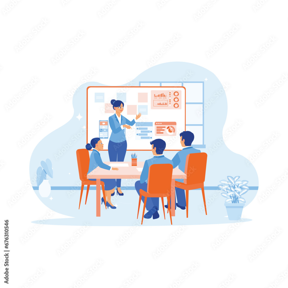 The female manager leads a business creative team meeting in a mobile app software design project. Discuss with each other during meetings in the office. Teamwork meeting concept. 