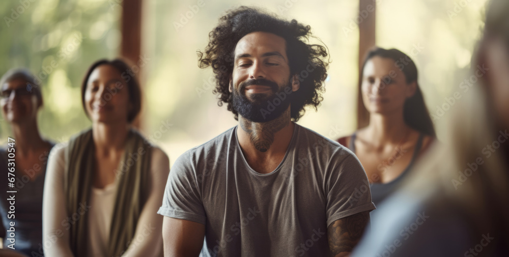 Group, diverse and meditation in a studio for mindfulness practise and spirituality. People sitting, deep breathing and religion for mental health, burnout, zen, calm and stress free lifestyle. Mind,