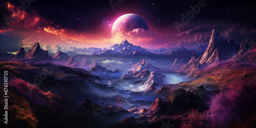 Fantasy landscape of fiery planet with glowing stars  nebulae  Exoplanetary landscape. Mystical burning Planet in space with asteroids