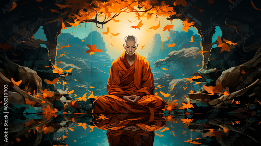 buddha meditating on the background of a forest landscape
