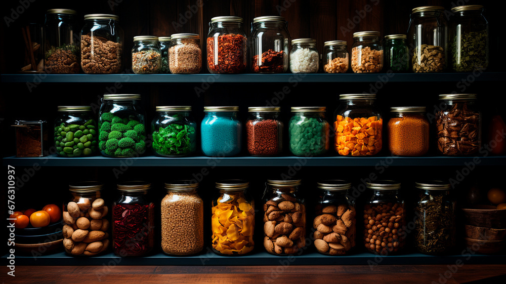 glass jars with different spices and herbs.