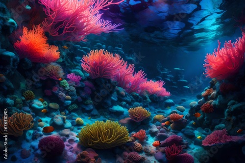A neon coral reef in an abstract underwater world, teeming with fluorescent life