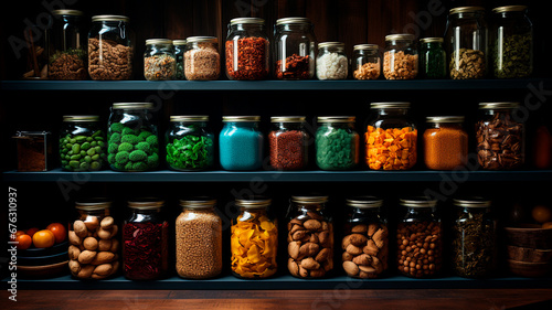 glass jars with different spices and herbs.