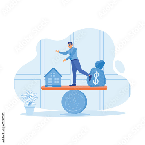 Businessman standing on seesaw inside the house. Maintain a balance between the house model and the money in the sack. House Model Balance Equilibrium concept. Trend Modern vector flat illustration