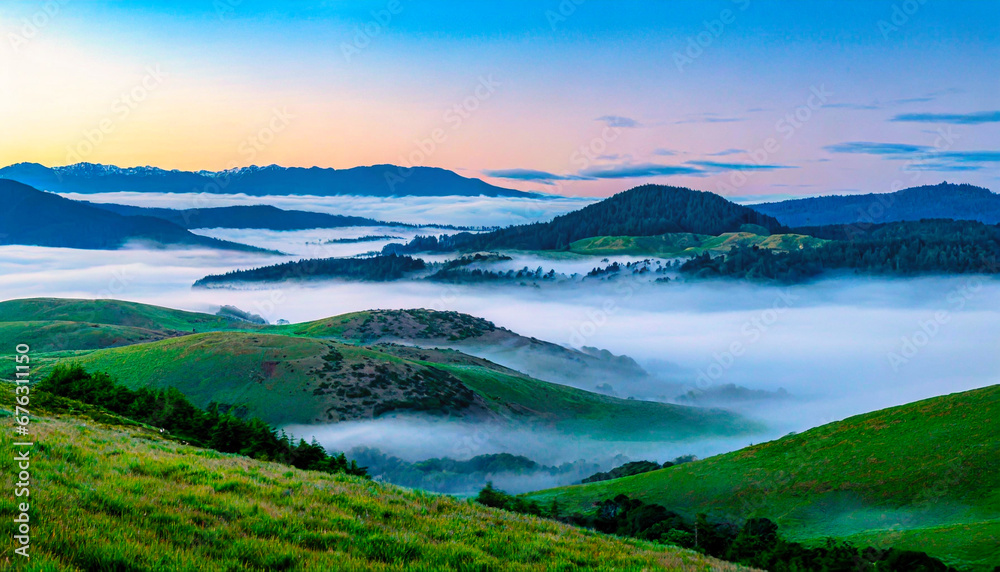 Rolling hills blanketed in fog, creating an air of tranquility and stillness just after dawn