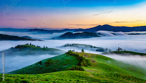 A hill covered in fog at sunrise