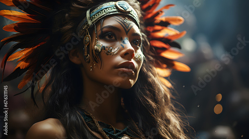 a wide-angle shot from above of an indigenous woman standing on a mesoamerican pyramid, wearing a head scarf with many feathers like a natural Diadem dissolving with her head - Generated by AI photo