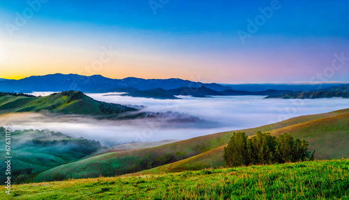 Rolling emerald hills blanketed in fog, creating an air of tranquility and stillness just after dawn