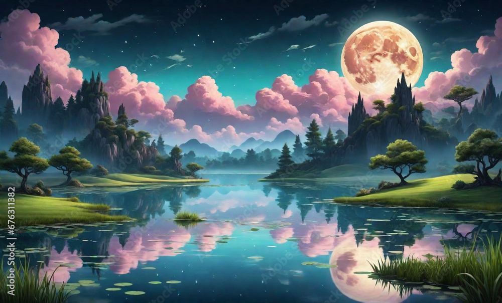 Background image about Fantasy landscape with clouds, lake and full moon. ai generative