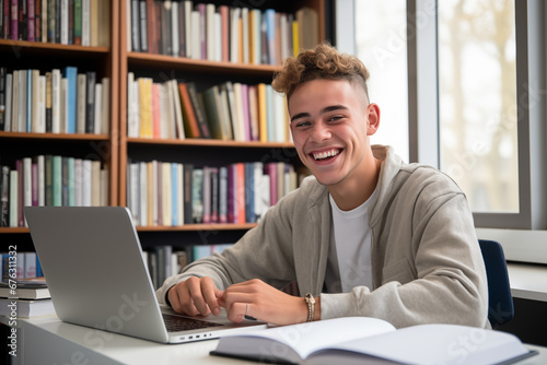Smiling Young Male Student Studying at the Library with Laptop and Books.