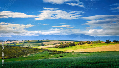 Tranquil scene reflecting simplicity rural lifestyle  fertile green fields set beneath endless sapphire sky