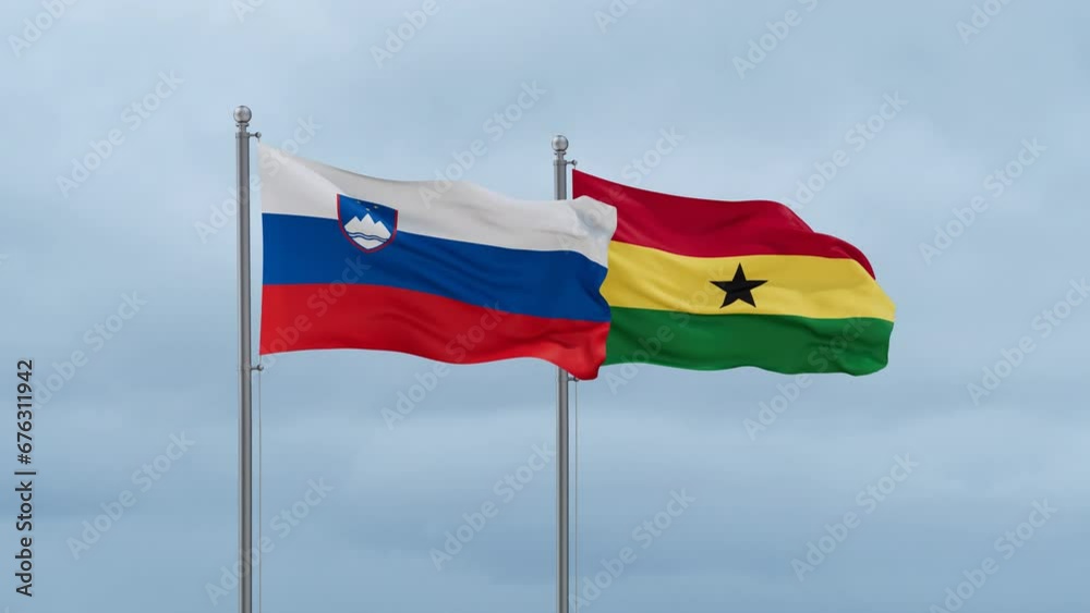 Ghana flag and Slovenia flag waving together on cloudy sky, endless seamless loop, two country relations concept Ghana flag and Slovenia flag waving together on cloudy sky, endless seamless loop, two country relations concept