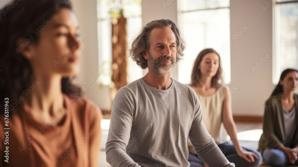 Group, diverse and meditation in a studio for mindfulness practise and spirituality. People sitting, deep breathing and religion for mental health, burnout, zen, calm and stress free lifestyle. Mind, Group, diverse and meditation in a studio for mindfulness practise and spirituality. People sitting, deep breathing and religion for mental health, burnout, zen, calm and stress free lifestyle. Mind,