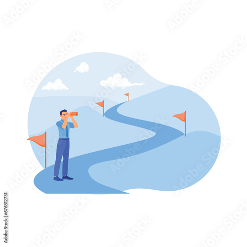 Businessman standing at the beginning of the road and looking using a telescope. The concept of motivation and career strategies towards success. Career Development Concept.