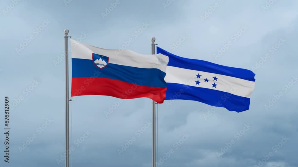 Honduras flag and Slovenia flag waving together on cloudy sky, endless seamless loop, two country relations concept Honduras flag and Slovenia flag waving together on cloudy sky, endless seamless loop, two country relations concept