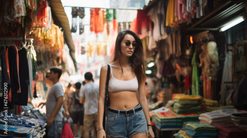 Young Asian traveling women traveling backpacker in Khaosan Road on holiday at Bangkok Thailand, traveler and tourist concept.