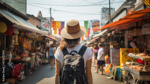 Young Asian traveling women traveling backpacker in Khaosan Road on holiday at Bangkok Thailand, traveler and tourist concept.
