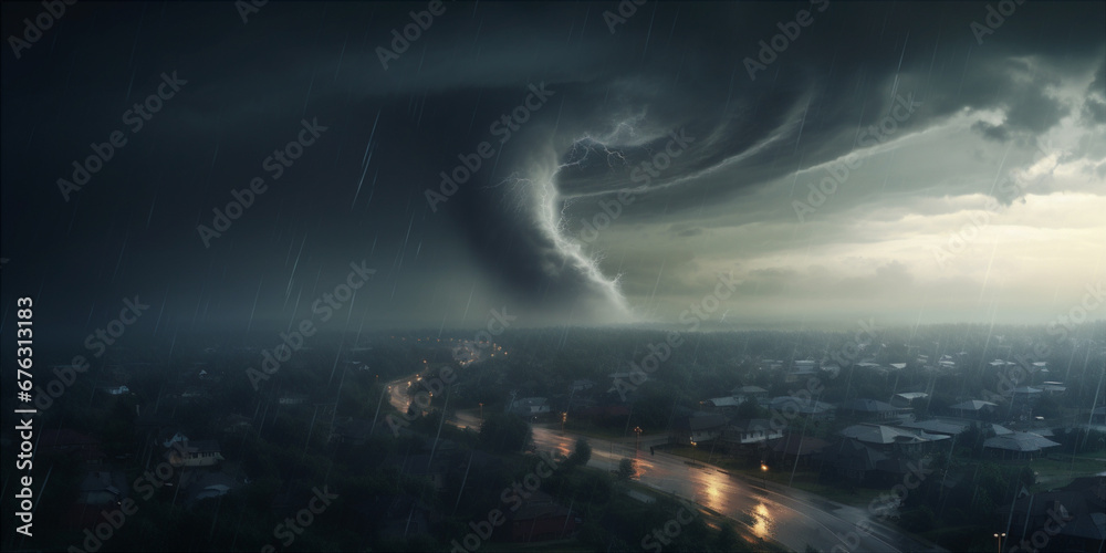 city during a tornado - obrazy, fototapety, plakaty 