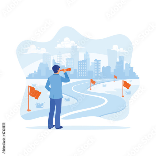 A businessman in a suit is standing at the beginning of the road, looking at business challenges using a telescope. Concept of development, career growth, prediction, motivation, strategy. 