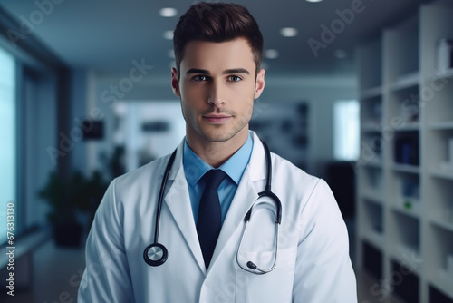 Portrait of young man doctor with stethoscope at bright white hospital room. medical male doctor standing in front of blurred hospital background
