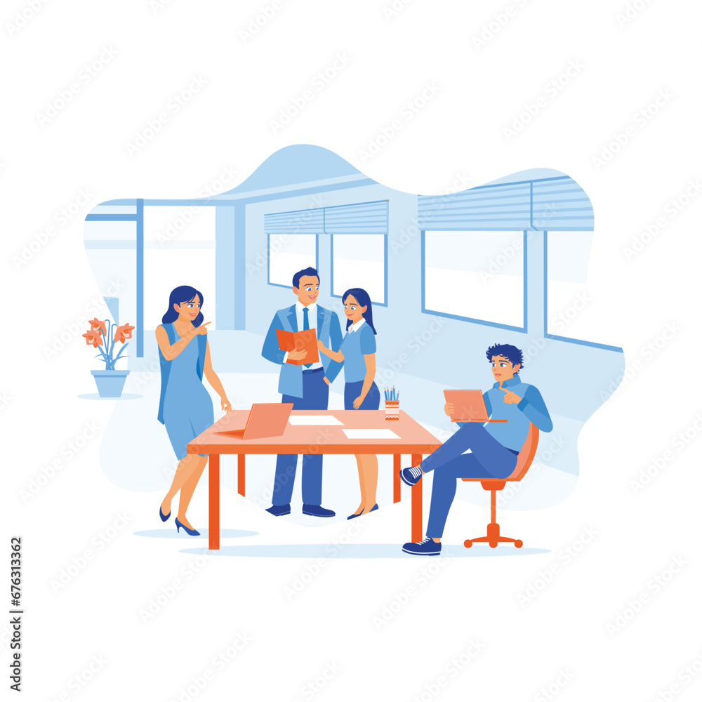Diverse work team having a meeting in office. Discuss and exchange ideas during meetings. Employee Making concept. trend modern vector flat illustration