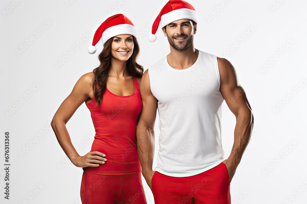 A sporty couple man woman wearing father christmas santa hat. Holiday healthy lifestyle, isolated on white background studio portrait. Happy New Year celebration merry holiday concept