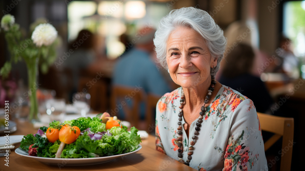 happy senior woman sitting in cafe with flowers