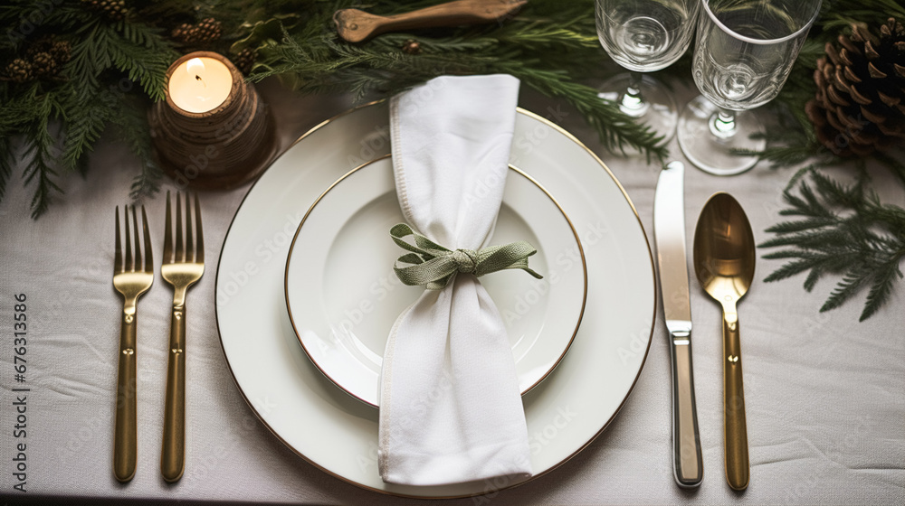 Christmas table decor, holiday tablescape and dinner table setting, formal event decoration for New Year, family celebration, English country and home styling Christmas table decor, holiday tablescape and dinner table setting, formal event decoration for New Year, family celebration, English country and home styling