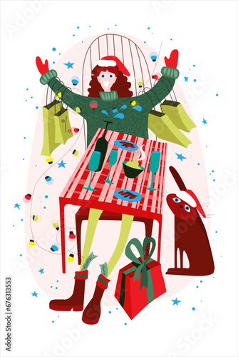 Vector New Year s illustration of a girl in a warm sweater and with bags of gifts sitting at a festive table  and under the table sits a cat in a New Year s hat.
