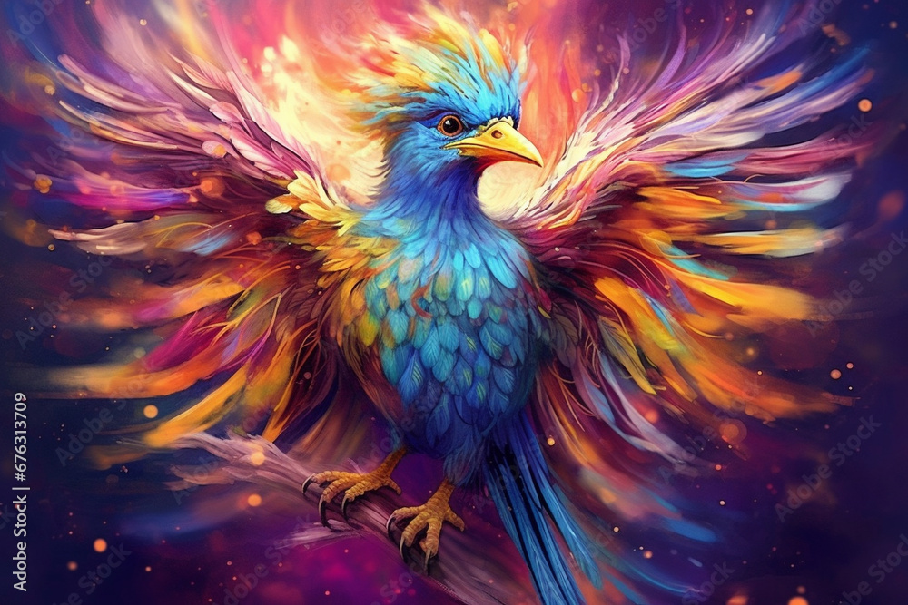 Fototapeta premium Immerse yourself in the vibrant world of wonder with this creatively crafted illustration showcasing the brilliance of an exotic and colorful bird. Ai generated