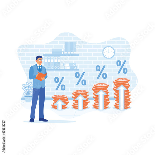 Entrepreneurs record increased interest rates on the books. Returns on stocks and mutual funds for long-term investment. Growth Analysis Concept. trend modern vector flat illustration