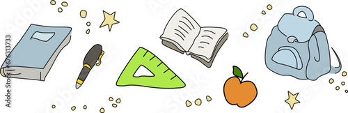 Colorful school items on a white background. Illustration EPS 10. School items: a notebook, a backpack, a ruler and an apple on a white background.