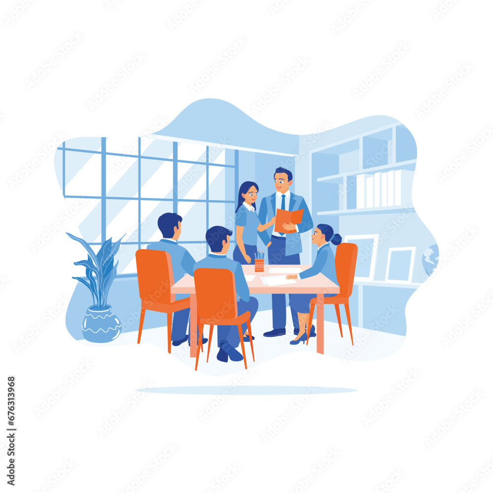 A diverse business team gathered together in the meeting room. Discuss business ideas, find solutions, and review product sales results. Discuss Information concept. 