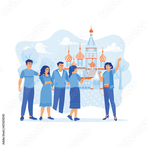 Young tourists go on a tourist trip. They listened to the explanation of a girl who worked as a tour guide on a walking tour. Tourist Guide concept. trend modern vector flat illustration