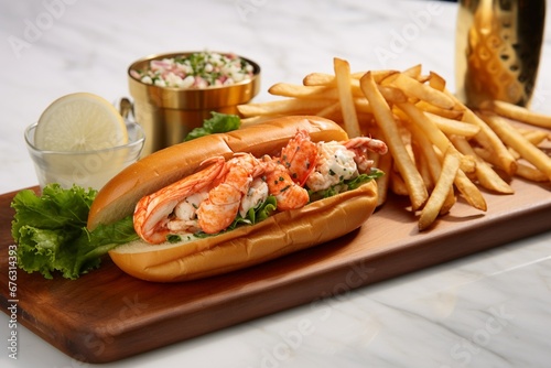 Coastal Delicacy: Lobster Roll Nestled in a Brioche Bun, Served with Crispy Fries on a Elegant Marble Board