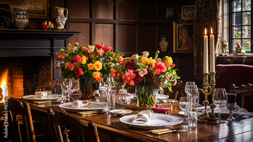 Holiday celebration table decor, festive tablescape in dining room, candles and flowers decoration for formal family dinner in the English country house, countryside interior design