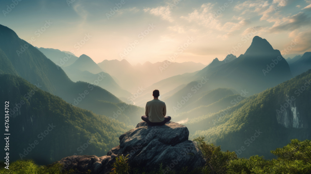 Meditation, landscape and man sitting on mountain top for mindfulness and spirituality. Peaceful, stress free and focus in nature with view, for mental health, zen and meditating practise