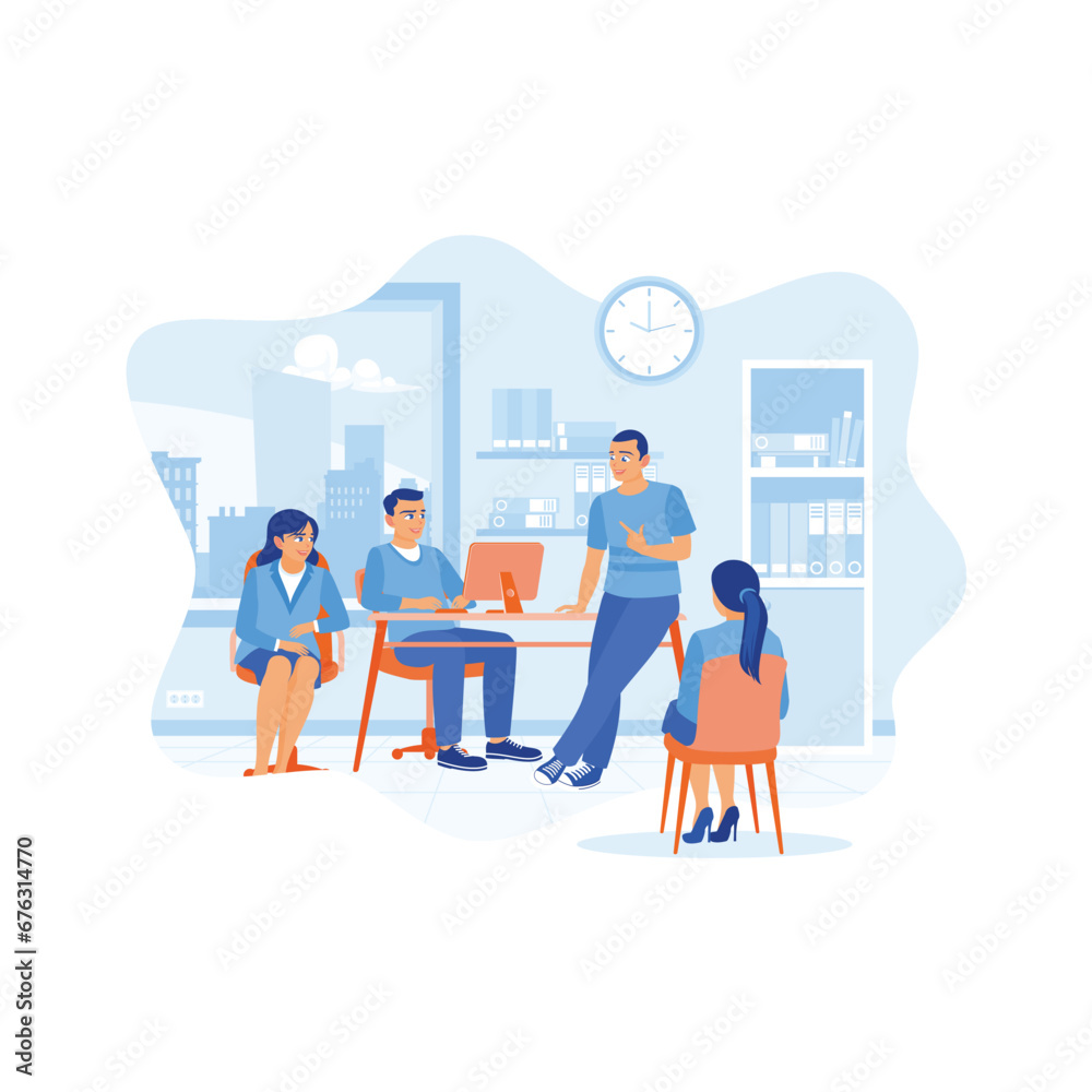 Diverse coworkers working in modern office. Listen to the meeting leader's explanation about work problems in the office. Briefings concept. trend modern vector flat illustration