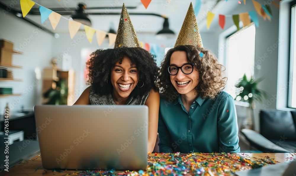 Corporate businesspeople having fun in corporate party at office, celebrating spacial event, corporate anniversary, business success. Happy diverse coworkers wearing party hats with falling confetti - obrazy, fototapety, plakaty 