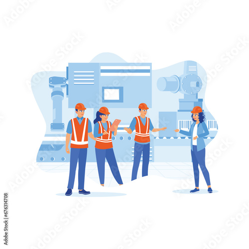 Female chief engineer holding a meeting with colleagues before starting work. They work in heavy industrial manufacturing plants. Briefings concept. trend modern vector flat illustration