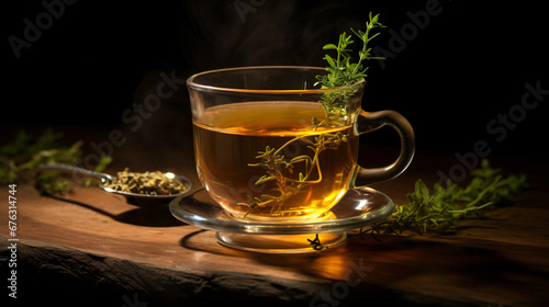Thyme tea in a glass cup with a tea bag