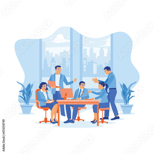 Five diverse company staff gathered together in a meeting room. Listen to briefings from company leaders and discuss during meetings. Briefings concept. trend modern vector flat illustration