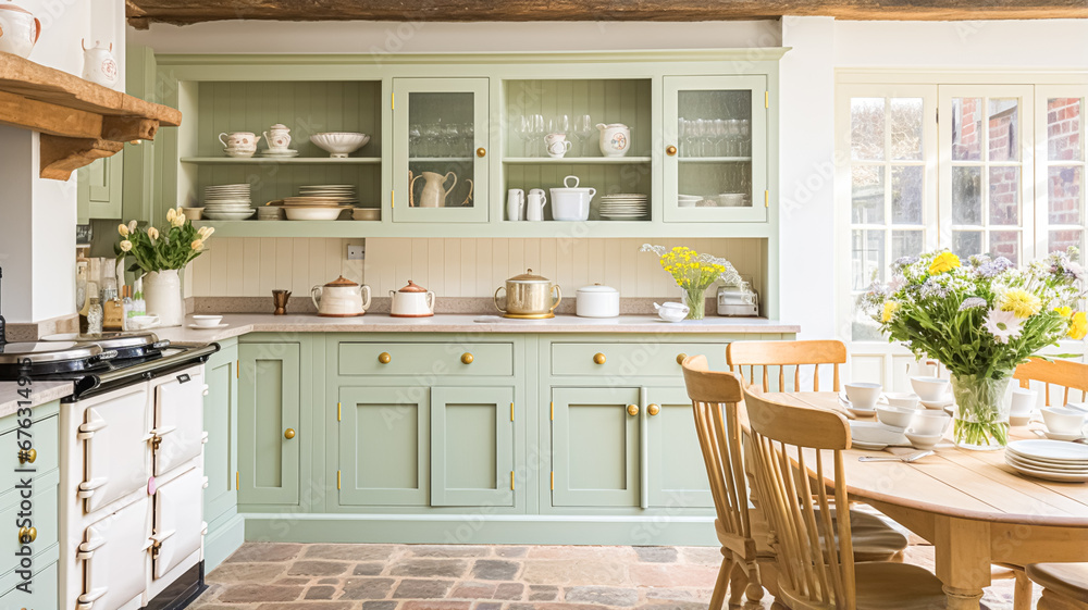 Mint cottage kitchen interior design, home decor and house improvement, English in frame kitchen cabinets in a country house