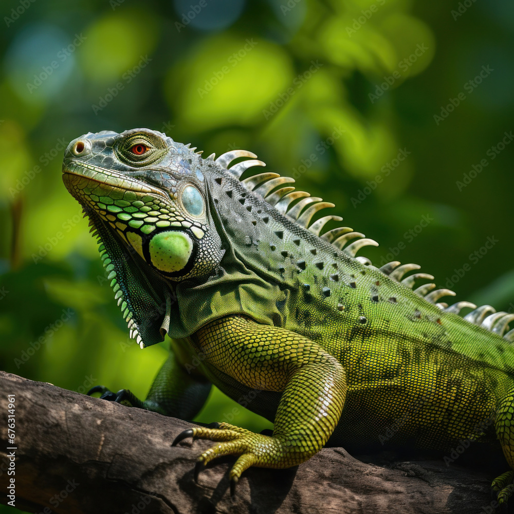 Fototapeta premium A big green iguana lizard in nature.
